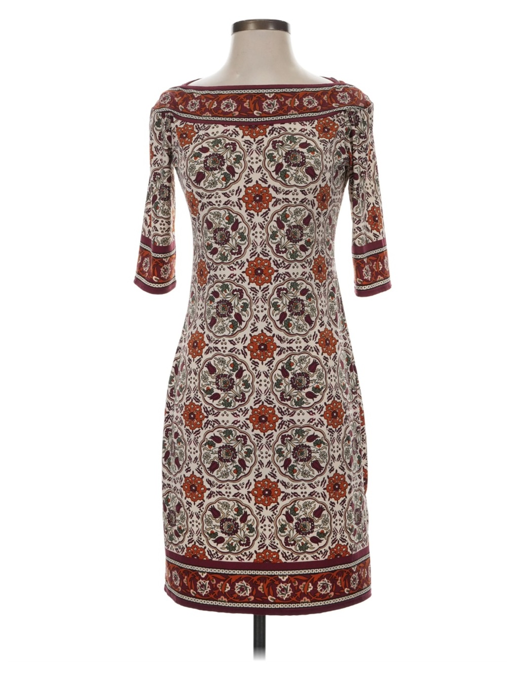 Max Studio Rust, Cream & Olive Printed Boatneck Midi Dress